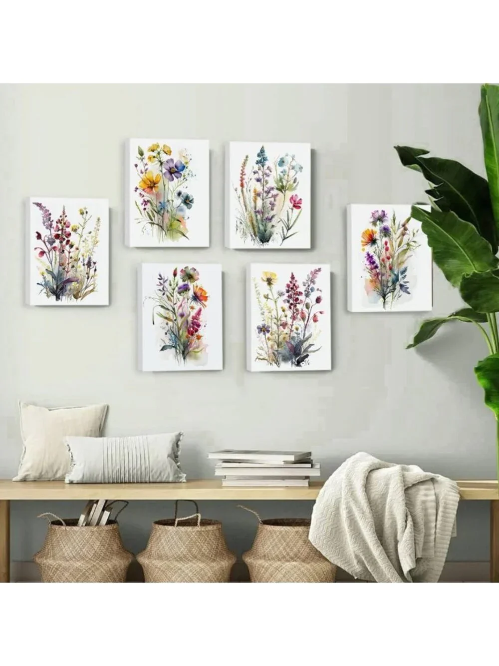 Colorful Wildflower Canvas Art Set of 6 | Botanical Watercolor Floral Decor